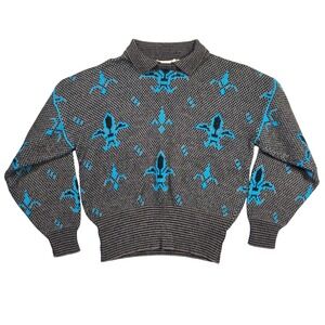 Vintage Jason Maxwell Fleur De Lis Collared Sweater Turquoise L Retro Chunky